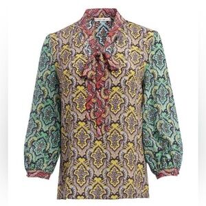 Alice + Olivia Sheila Blouson Sleeve V-Neck Crest Tile Top Blouse